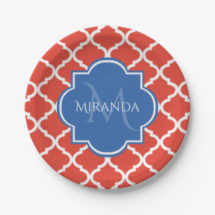 Prato De Papel Tendência Vermelho Quatrefoil Azul Monograma e Nom