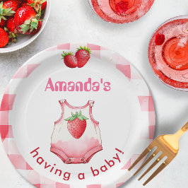 Prato De Papel Tendo um Chá de fraldas Festa de Gingham Strawberr