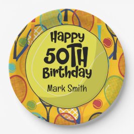 Prato De Papel Tênis 50º Aniversário com Nome em Racket Themed