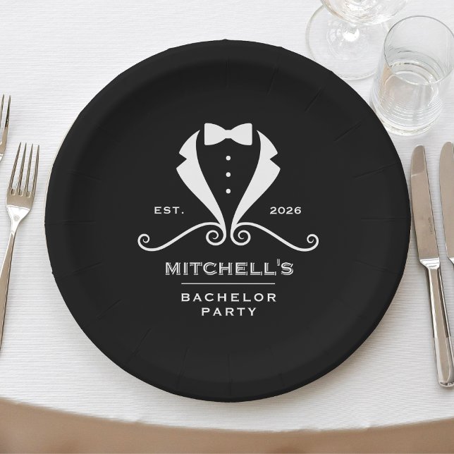 Prato De Papel Terno de Smoking Gravata Borboleta Preto Festa de  (Bachelor Party Tuxedo Suit Bowtie Black Wedding Paper Plates
)