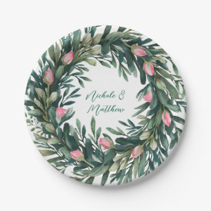 Prato De Papel Terra Verde Elegante Com Casamento Rosa Rosa Rosa 
