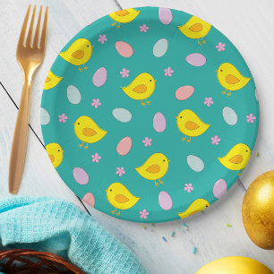 Prato De Papel Teste padrão bonito da páscoa com galinhas, ovos