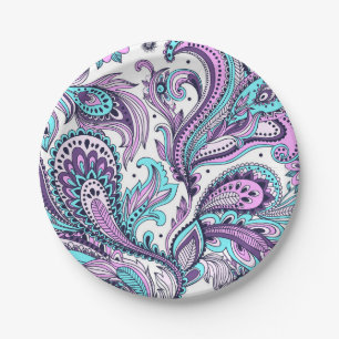 Prato De Papel Teste padrão bonito de Paisley do roxo e do Aqua