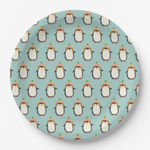 Prato De Papel Teste padrão bonito dos pinguins - Natal verde do