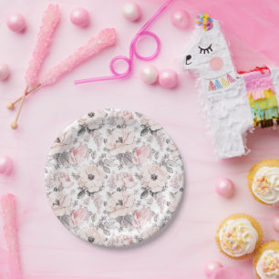 Prato De Papel Teste padrão cor-de-rosa & cinzento clássico