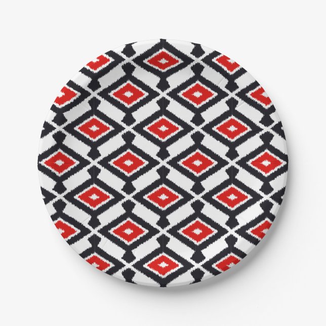 Prato De Papel Teste padrão de Ikat - obscuridade - vermelho, (Frente)