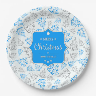 Prato De Papel Teste padrão elegante azul e de prata das árvore