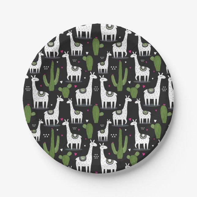 Prato De Papel Teste padrão feliz do lama (Frente)