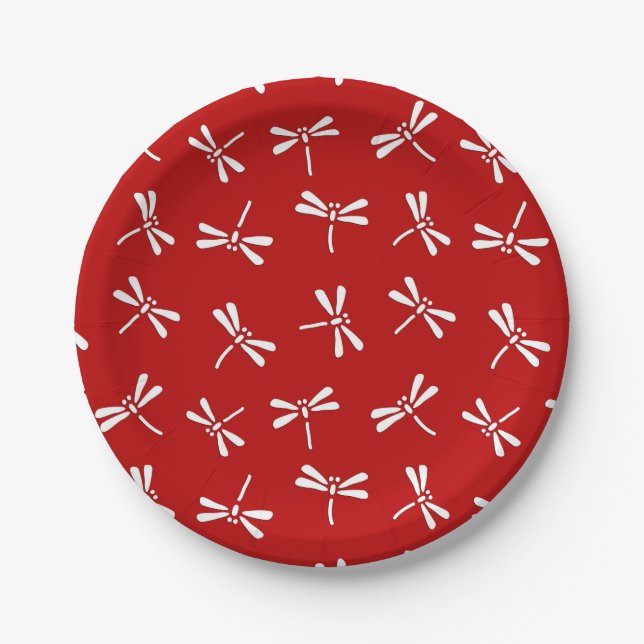 Prato De Papel Teste padrão japonês da libélula, vermelho escuro (Frente)
