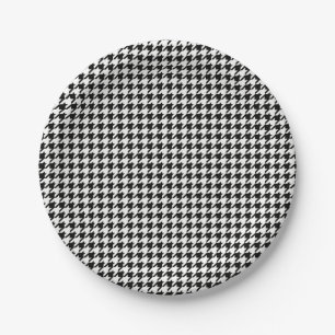 Prato De Papel Teste padrão preto e branco de Houndstooth