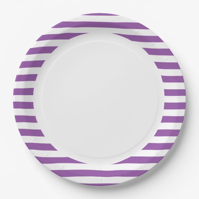 Prato De Papel Teste padrão roxo e branco da listra (Frente)