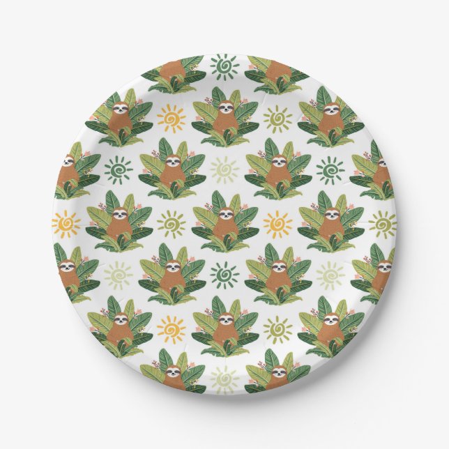 Prato De Papel Teste padrão tropical da preguiça (Frente)
