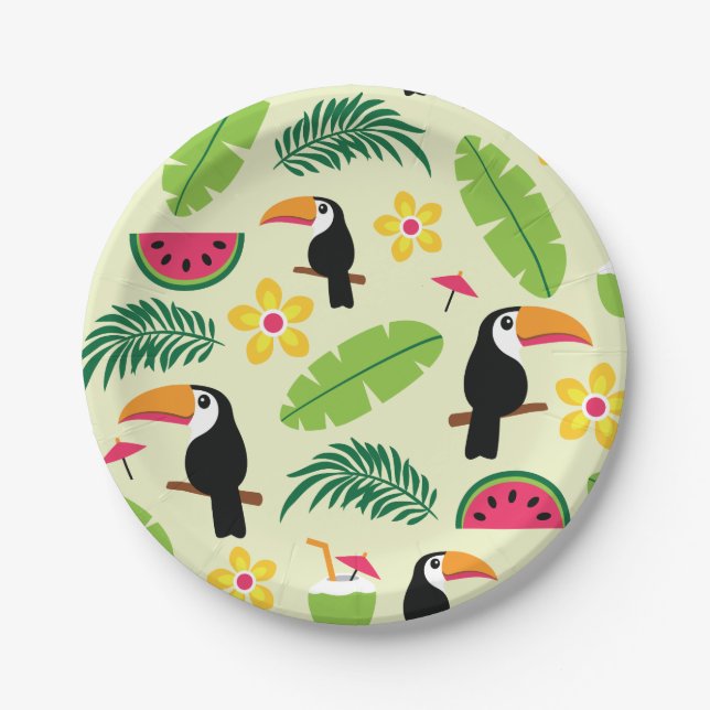 Prato De Papel Teste padrão tropical do verão de Toucan (Frente)