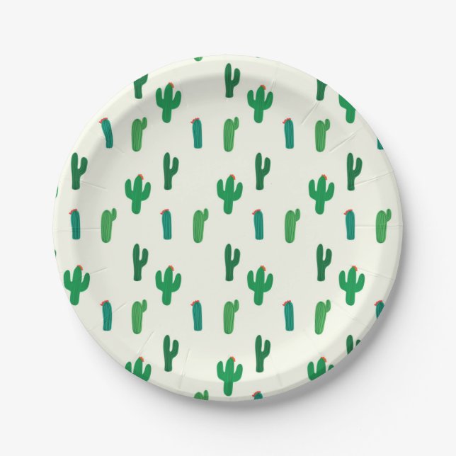 Prato De Papel Teste padrão verde-claro do cacto (Frente)