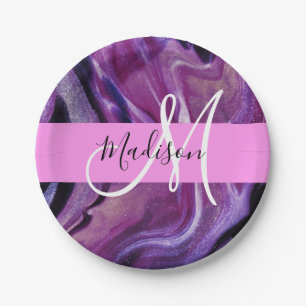 Prato De Papel Texto do Shimmer Purple Abstrato Glam Monograma Ro