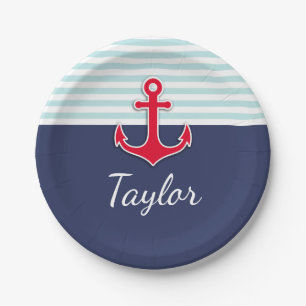 Prato De Papel Texto Personalizado da Âncora Vermelha com Faixa A