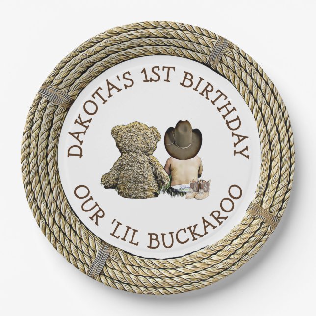 Prato De Papel Themed primeiro aniversario Cowboy Personalizado (Frente)