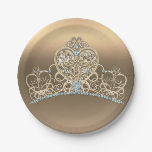 Prato De Papel Tiara Coração Princesa Glamour Dourado Aniversário