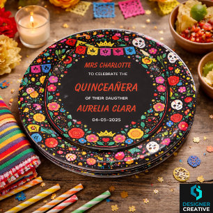 Prato De Papel Tiara Dourada Floral de Festa Preta Mexicana Quinc