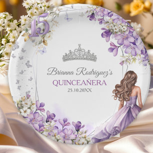 Prato De Papel Tiaro de Flor de Borboleta Prata Lavanda Quinceañe