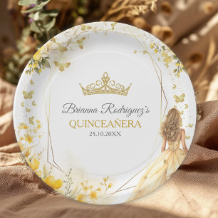 Prato De Papel Tiaro Floral Borboletas Amarelo Dourado Quinceañer