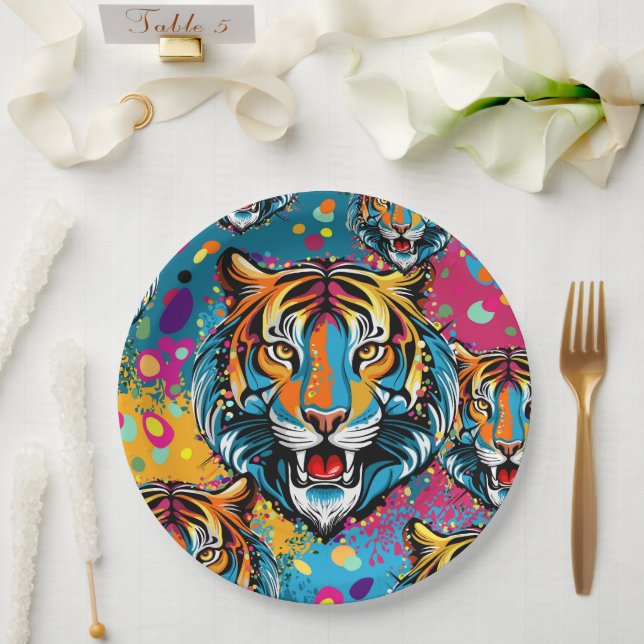 Prato De Papel Tiger Head Rainbow colors paint stains (Casamento)