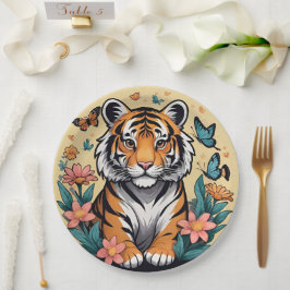 Prato De Papel Tigre-bebê bonito com flores e borboletas