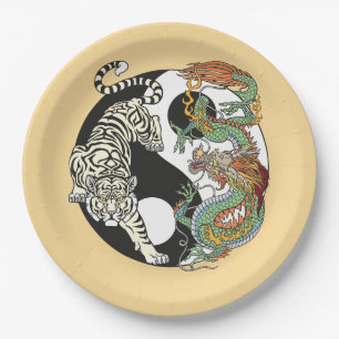 Prato De Papel Tigre branco versus dragão verde no yin yang pa
