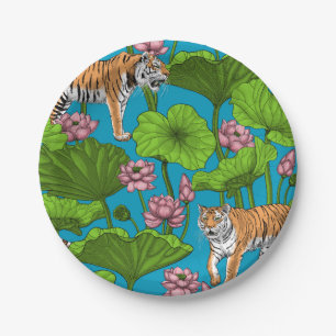 Prato De Papel Tigres no lago de lótus rosa