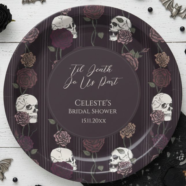 Prato De Papel ’Til Death Do Us Part Gothic Skull & Rose Wedding (Dark Burgundy Floral Skull 'Til Death Do Us Part Gothic Bridal Shower Paper Plates for Hallowedding)