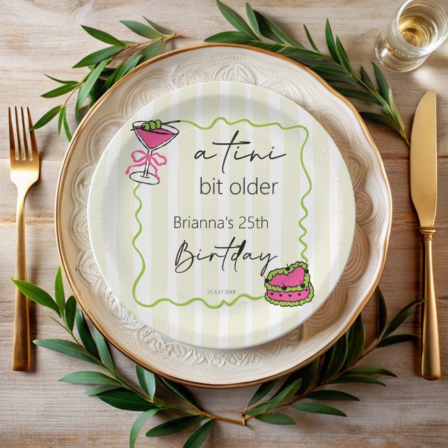 Prato De Papel Tini bit mais antigo, personalizado de retro anive (Tini bit older handrawn retro birthday monogrammed paper plates personalized martini party decor)