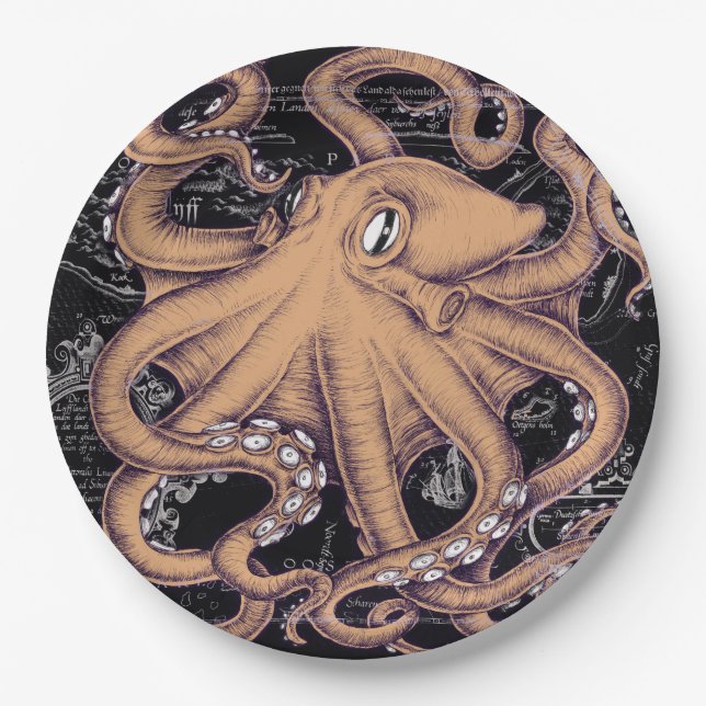 Prato De Papel Tinta dos Tentáculos de Octopus Laranja (Frente)