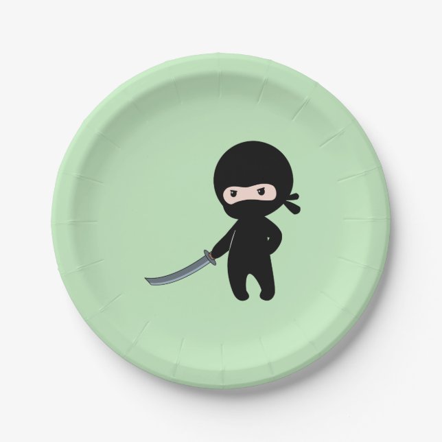 Prato De Papel Tiny Angry Ninja sobre o verde (Frente)