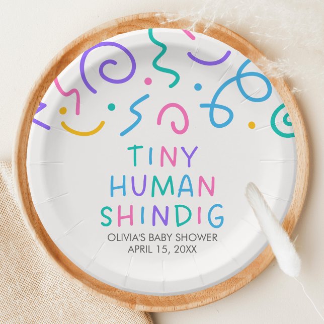 Prato De Papel Tiny Human Shindig Baby Shower (Retro Tiny Human Shindig Baby Shower Paper Plate)