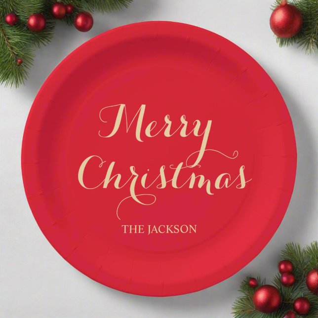Prato De Papel Tipografia de Script Elegante Feliz Natal Vermelho (Criador carregado)