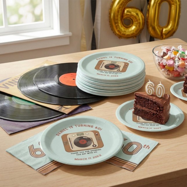 Prato De Papel Tocador de Vinil Retrô Aniversário de 60 anos (Criador carregado)