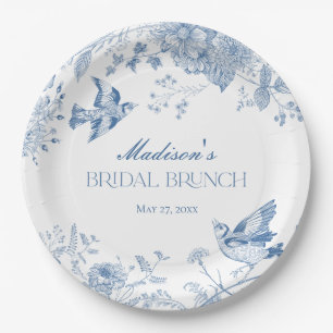 Prato De Papel Toile De Jouy Azul Vintage Brunch Floral de Noiva