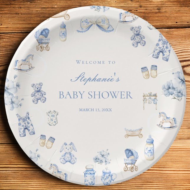 Prato De Papel Toile De Jouy Baby Shower Blue Bow Boy (Toile De Jouy Baby Shower Blue Bow Boy Paper Plates)