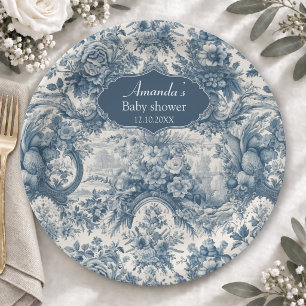 Prato De Papel Toile de Jouy floral azul vintage monograma