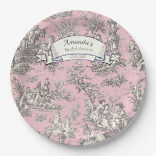 Prato De Papel Toile de Jouy floral rosa vintage cinza
