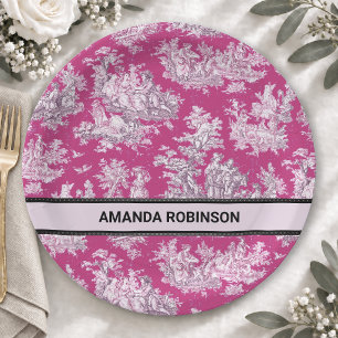 Prato De Papel Toile de Jouy monograma floral rosa magenta vintag