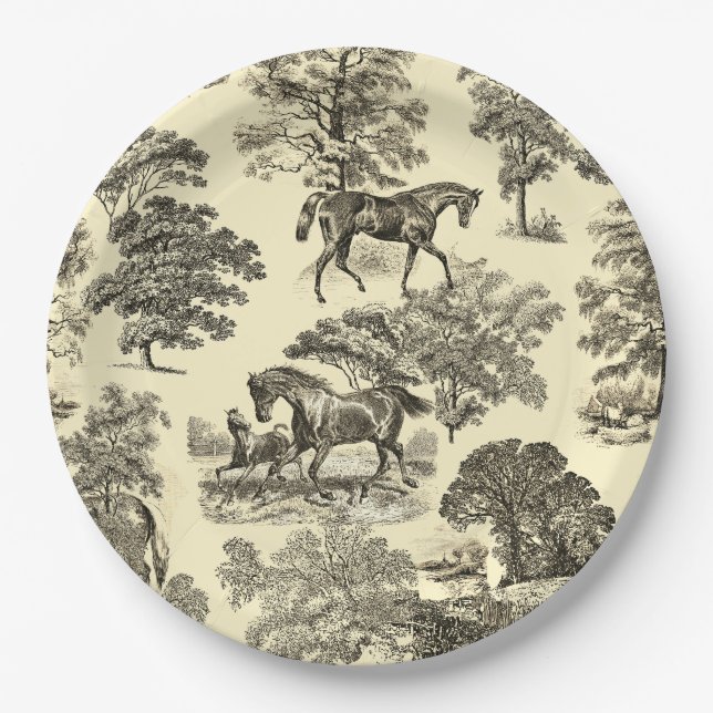 Prato De Papel Toile Elegante Beige Rustic Horses (Frente)
