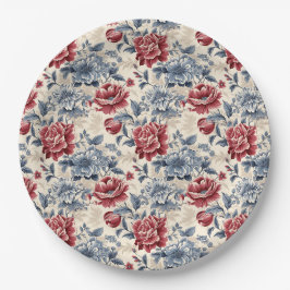 Prato De Papel Toile francesa & Toile de Jouy rosas azuis e verme