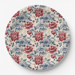Prato De Papel Toile francesa & Toile de Jouy rosas azuis e verme