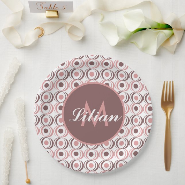 Prato De Papel Tom Monogramado Rosa Tom Terroso Circular Retro (Casamento)