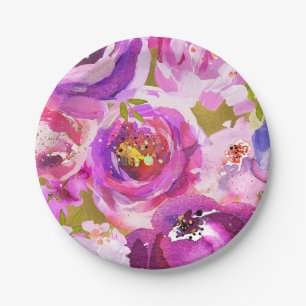 Prato De Papel Toques de Rosa Roxo Dourado Floral Moderno Chique