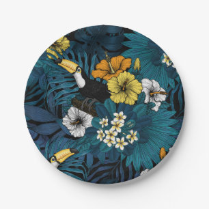 Prato De Papel Toques e flora tropical, azul, amarelo, laranja