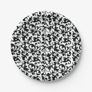 Prato De Papel Torneiras de Damasco Branco e Preto Elegante