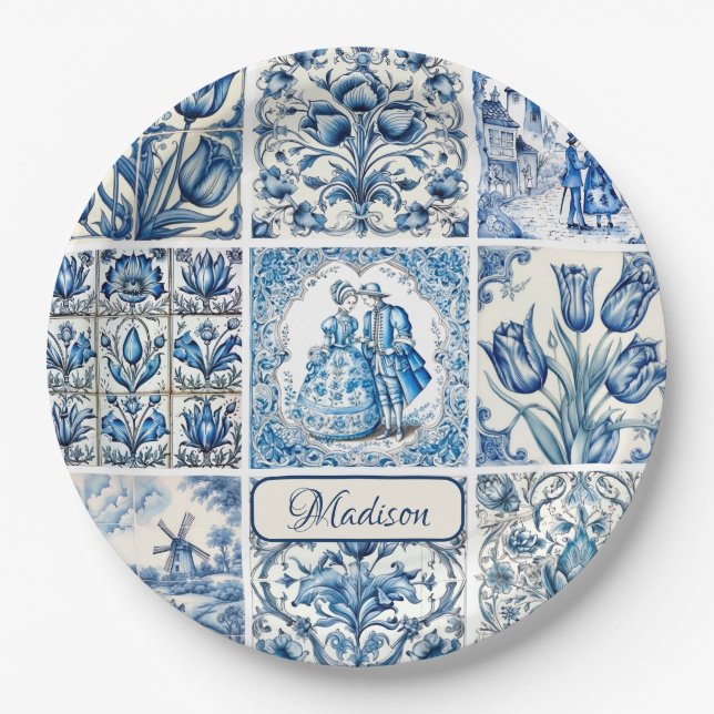 Prato De Papel Torre branca-branca-chic de jouy Dolls e flores (Frente)