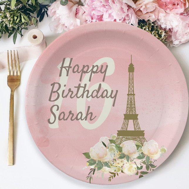 Prato De Papel Torre Eiffel de Ouro Rosa Aniversário de Sweet Six (Paris/Eiffel Tower Sweet 16 paper plate)